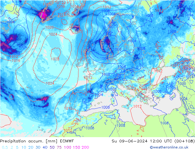 Precipitation accum. ECMWF Su 09.06.2024 12 UTC