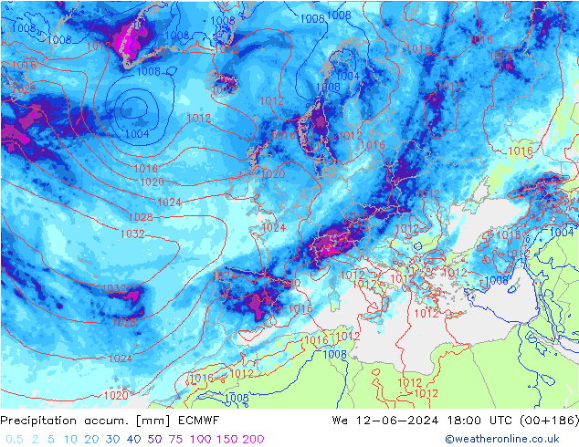 Precipitation accum. ECMWF śro. 12.06.2024 18 UTC