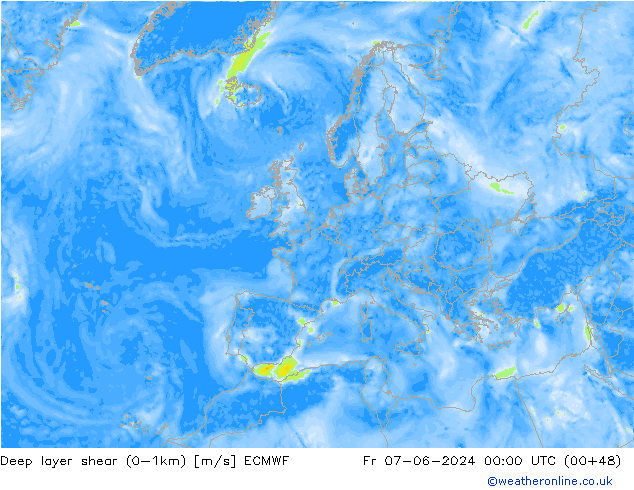 Deep layer shear (0-1km) ECMWF Fr 07.06.2024 00 UTC