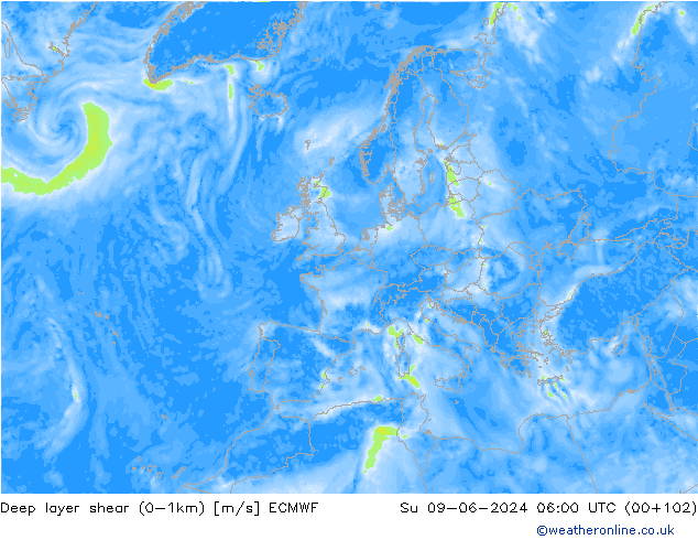 Deep layer shear (0-1km) ECMWF Su 09.06.2024 06 UTC