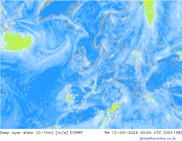 Deep layer shear (0-1km) ECMWF mié 12.06.2024 00 UTC