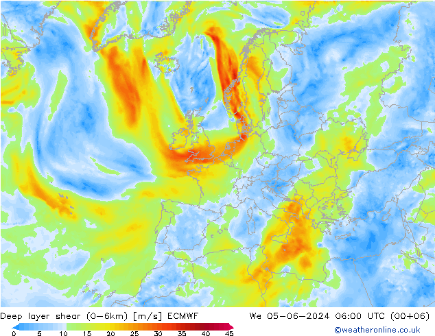 Deep layer shear (0-6km) ECMWF mer 05.06.2024 06 UTC