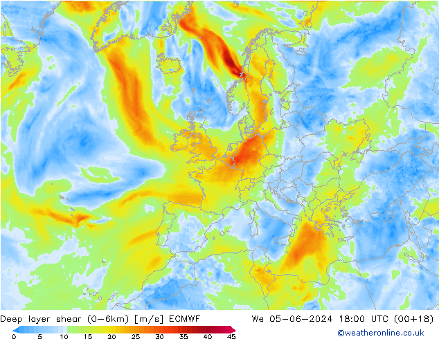 Deep layer shear (0-6km) ECMWF We 05.06.2024 18 UTC