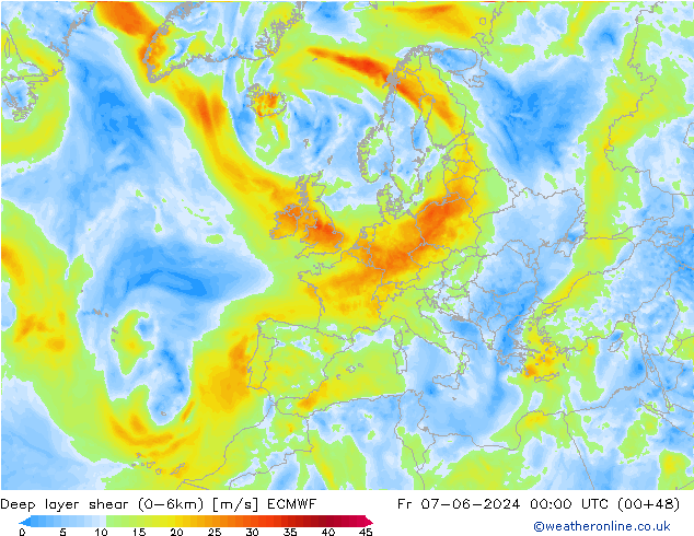 Deep layer shear (0-6km) ECMWF Fr 07.06.2024 00 UTC