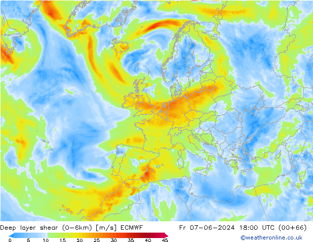 Deep layer shear (0-6km) ECMWF ven 07.06.2024 18 UTC