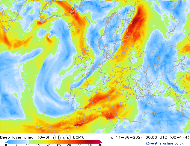 Deep layer shear (0-6km) ECMWF di 11.06.2024 00 UTC