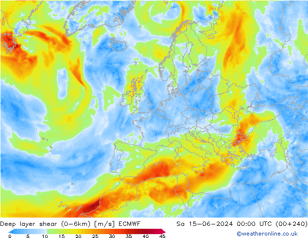 Deep layer shear (0-6km) ECMWF Sa 15.06.2024 00 UTC