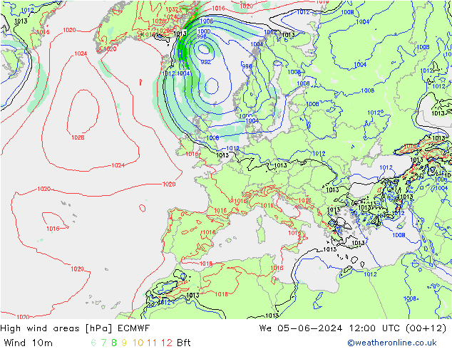 yüksek rüzgarlı alanlar ECMWF Çar 05.06.2024 12 UTC