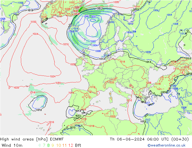 High wind areas ECMWF чт 06.06.2024 06 UTC