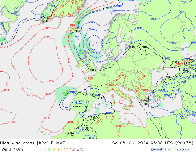 High wind areas ECMWF сб 08.06.2024 06 UTC