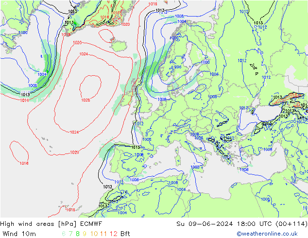 High wind areas ECMWF Su 09.06.2024 18 UTC