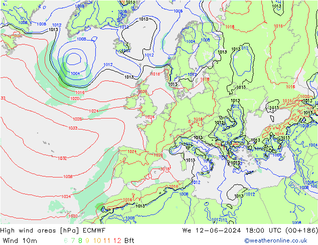 High wind areas ECMWF mer 12.06.2024 18 UTC