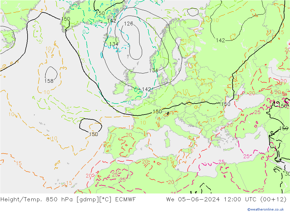 Height/Temp. 850 hPa ECMWF We 05.06.2024 12 UTC