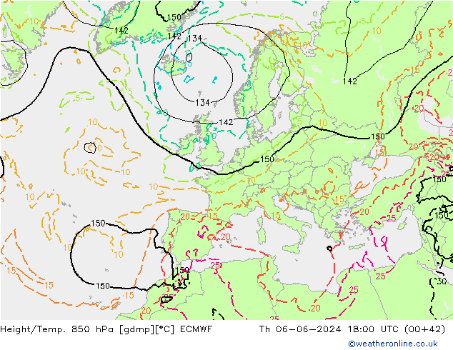 Height/Temp. 850 hPa ECMWF Th 06.06.2024 18 UTC