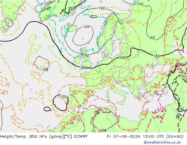 Z500/Rain (+SLP)/Z850 ECMWF Fr 07.06.2024 12 UTC