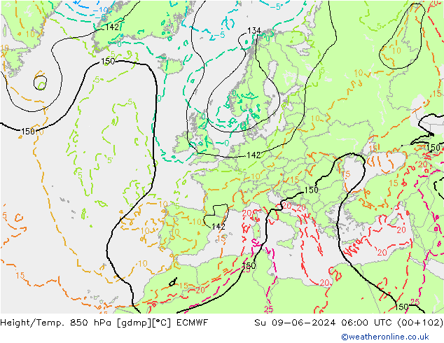 Height/Temp. 850 гПа ECMWF Вс 09.06.2024 06 UTC