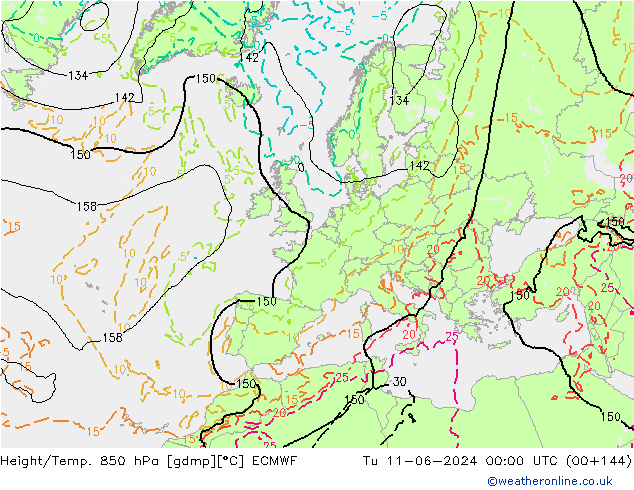 Height/Temp. 850 hPa ECMWF Út 11.06.2024 00 UTC