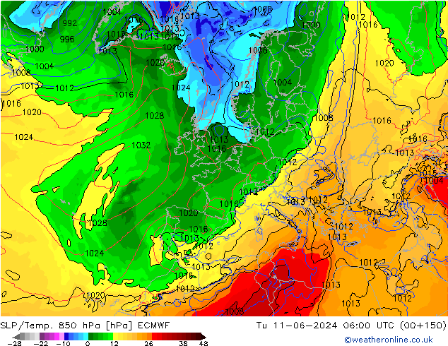 SLP/Temp. 850 hPa ECMWF mar 11.06.2024 06 UTC