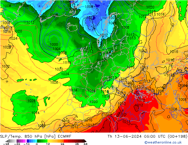 SLP/Temp. 850 hPa ECMWF Do 13.06.2024 06 UTC