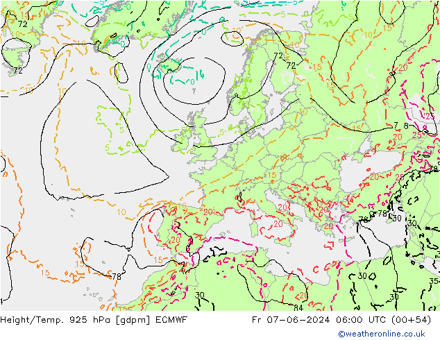 Height/Temp. 925 hPa ECMWF ven 07.06.2024 06 UTC