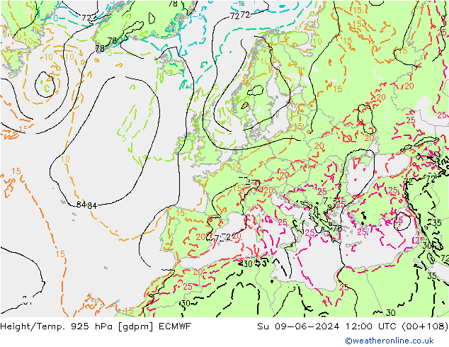 Yükseklik/Sıc. 925 hPa ECMWF Paz 09.06.2024 12 UTC