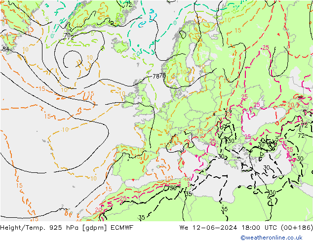 Height/Temp. 925 hPa ECMWF mer 12.06.2024 18 UTC