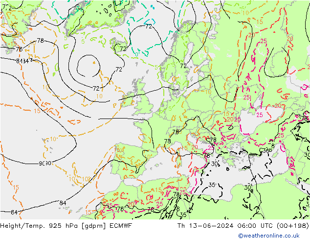 Height/Temp. 925 hPa ECMWF Do 13.06.2024 06 UTC