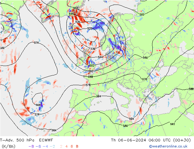 T-Adv. 500 hPa ECMWF gio 06.06.2024 06 UTC