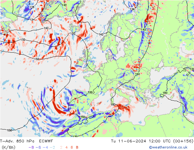 T-Adv. 850 hPa ECMWF wto. 11.06.2024 12 UTC