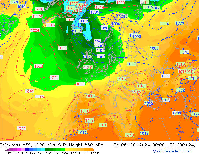 Thck 850-1000 hPa ECMWF Qui 06.06.2024 00 UTC