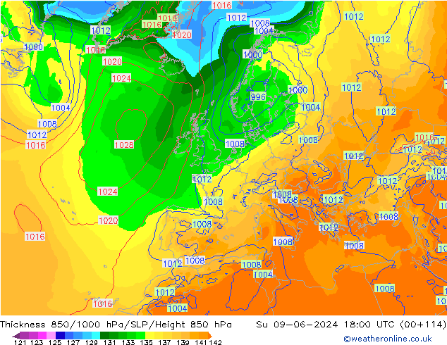 Thck 850-1000 hPa ECMWF Su 09.06.2024 18 UTC