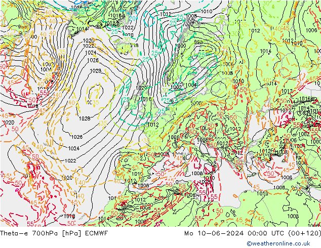 Theta-e 700hPa ECMWF Pzt 10.06.2024 00 UTC