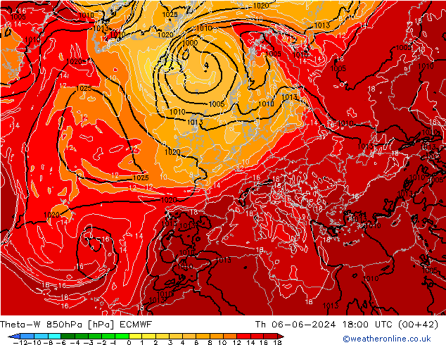 Theta-W 850hPa ECMWF Čt 06.06.2024 18 UTC