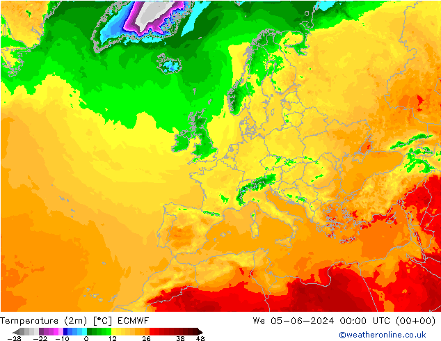 mapa temperatury (2m) ECMWF śro. 05.06.2024 00 UTC