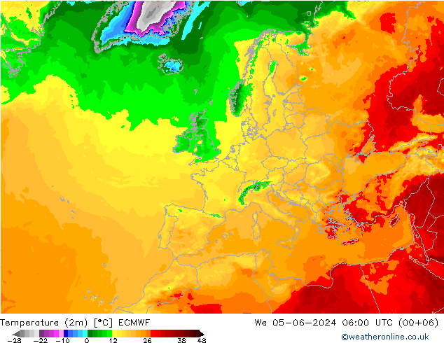 mapa temperatury (2m) ECMWF śro. 05.06.2024 06 UTC