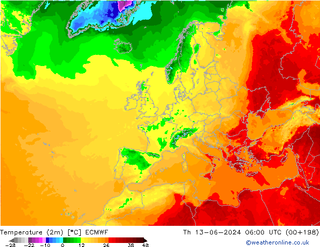 Temperaturkarte (2m) ECMWF Do 13.06.2024 06 UTC