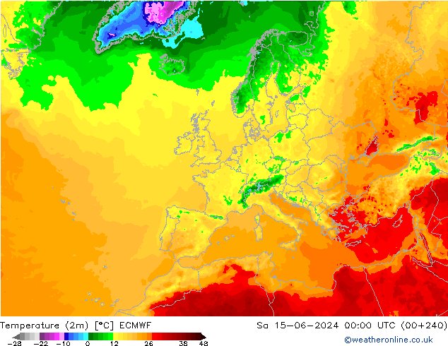 Temperature (2m) ECMWF Sa 15.06.2024 00 UTC