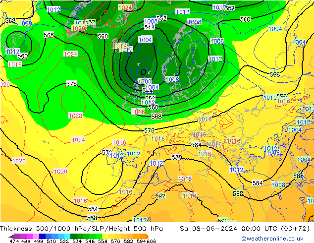 Thck 500-1000гПа ECMWF сб 08.06.2024 00 UTC