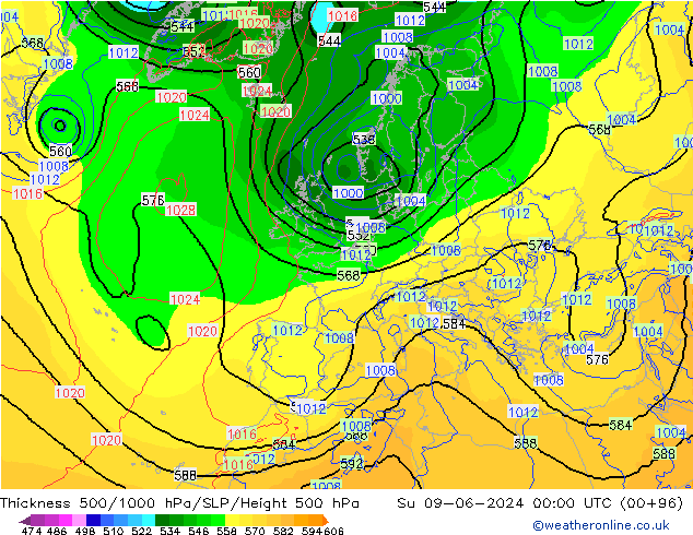 500-1000 hPa Kalınlığı ECMWF Paz 09.06.2024 00 UTC