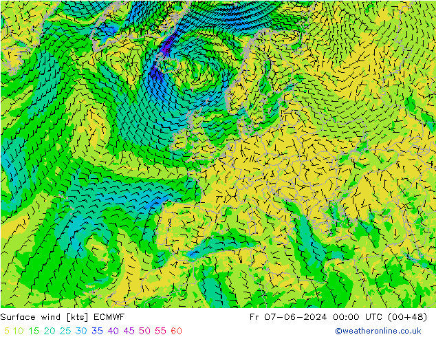 Surface wind ECMWF Pá 07.06.2024 00 UTC