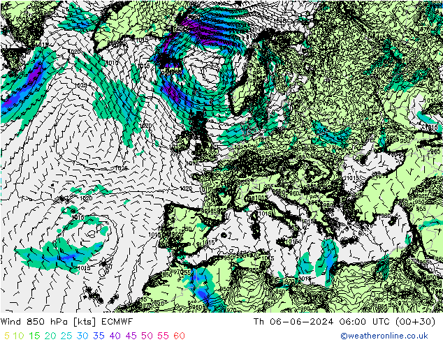 Wind 850 hPa ECMWF Do 06.06.2024 06 UTC