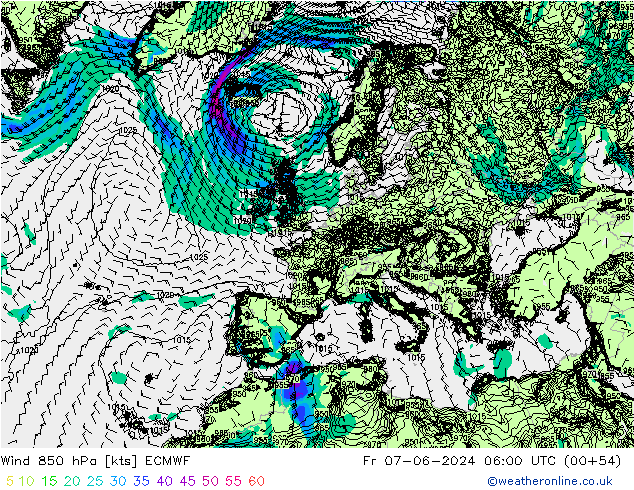 Vento 850 hPa ECMWF ven 07.06.2024 06 UTC