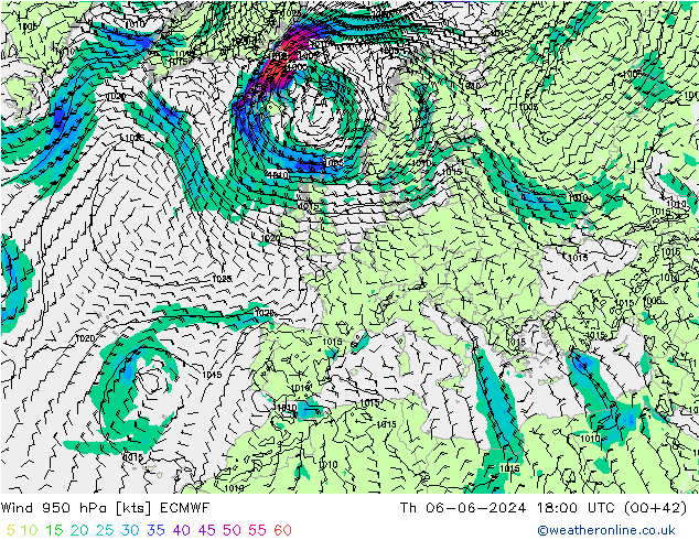 Wind 950 hPa ECMWF Čt 06.06.2024 18 UTC