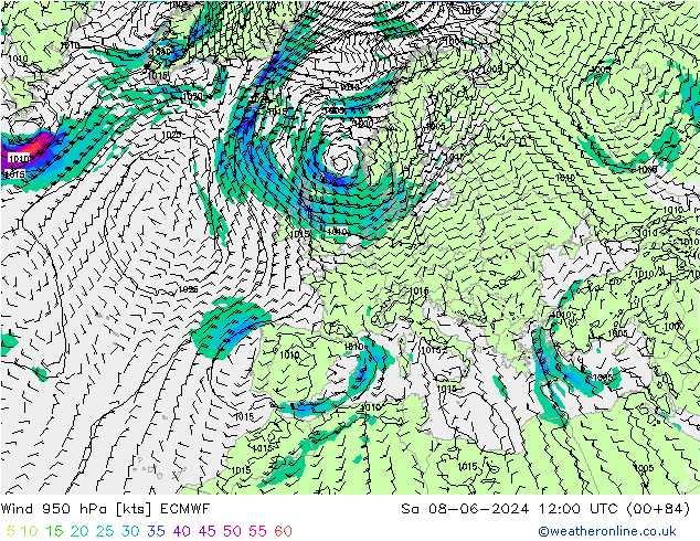 Vento 950 hPa ECMWF Sáb 08.06.2024 12 UTC