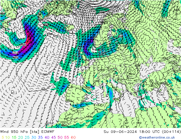 Wind 950 hPa ECMWF Su 09.06.2024 18 UTC