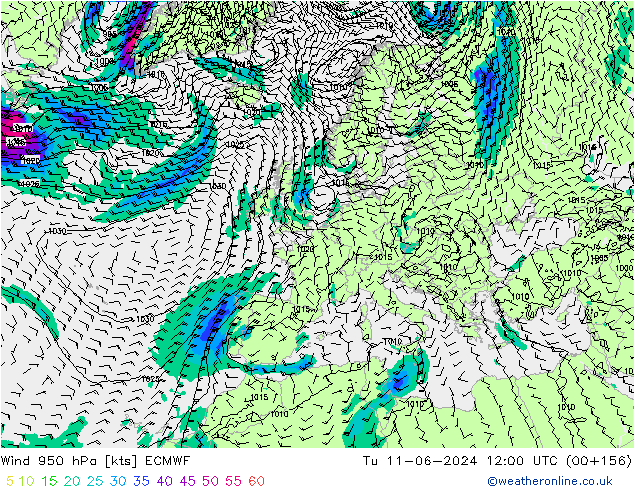 Wind 950 hPa ECMWF Tu 11.06.2024 12 UTC