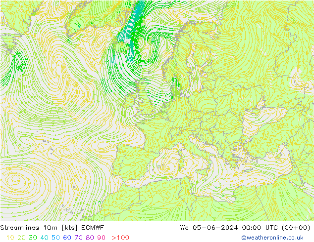 Ligne de courant 10m ECMWF mer 05.06.2024 00 UTC