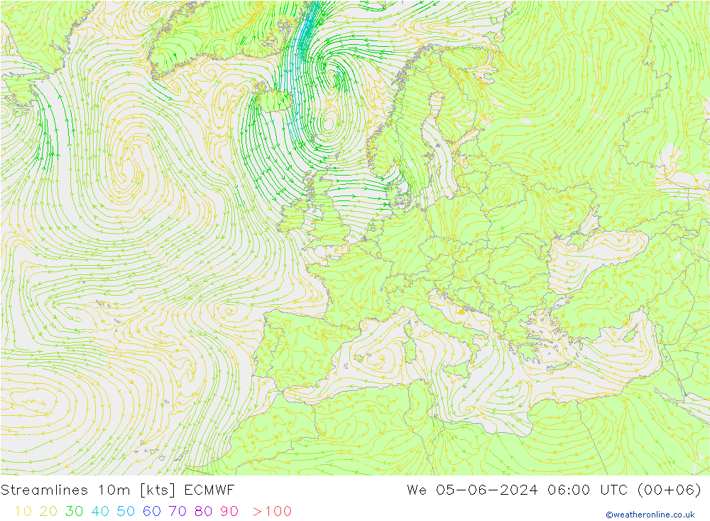 Linia prądu 10m ECMWF śro. 05.06.2024 06 UTC