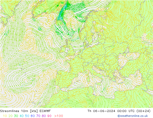 Streamlines 10m ECMWF Th 06.06.2024 00 UTC