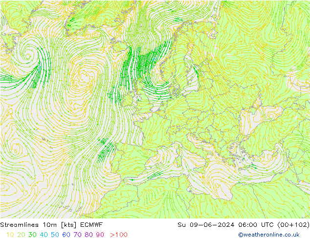 Ligne de courant 10m ECMWF dim 09.06.2024 06 UTC